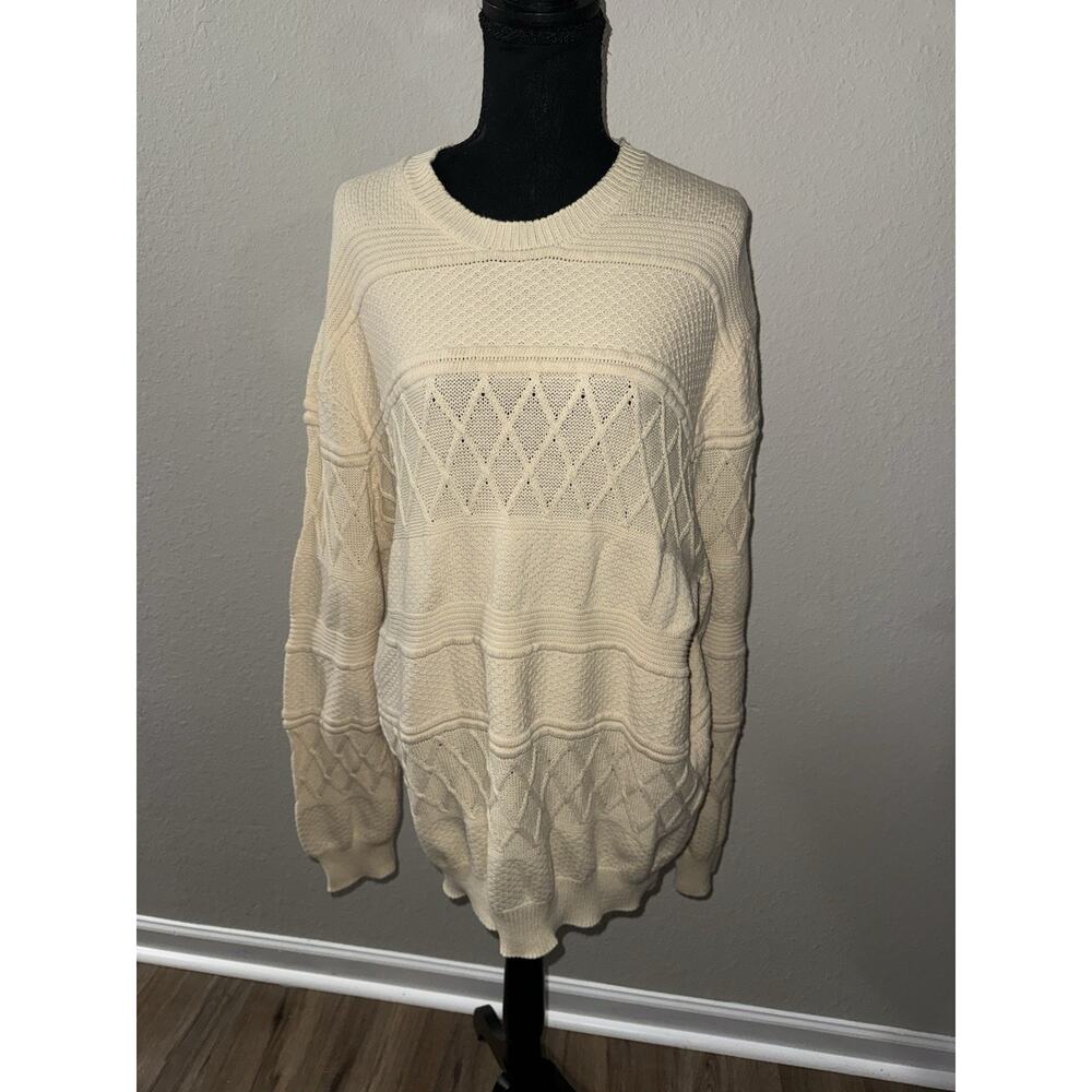 Scandia Woods Tan Knit Sweater Men XL 100% Cotton Textured Geometric Fisherman